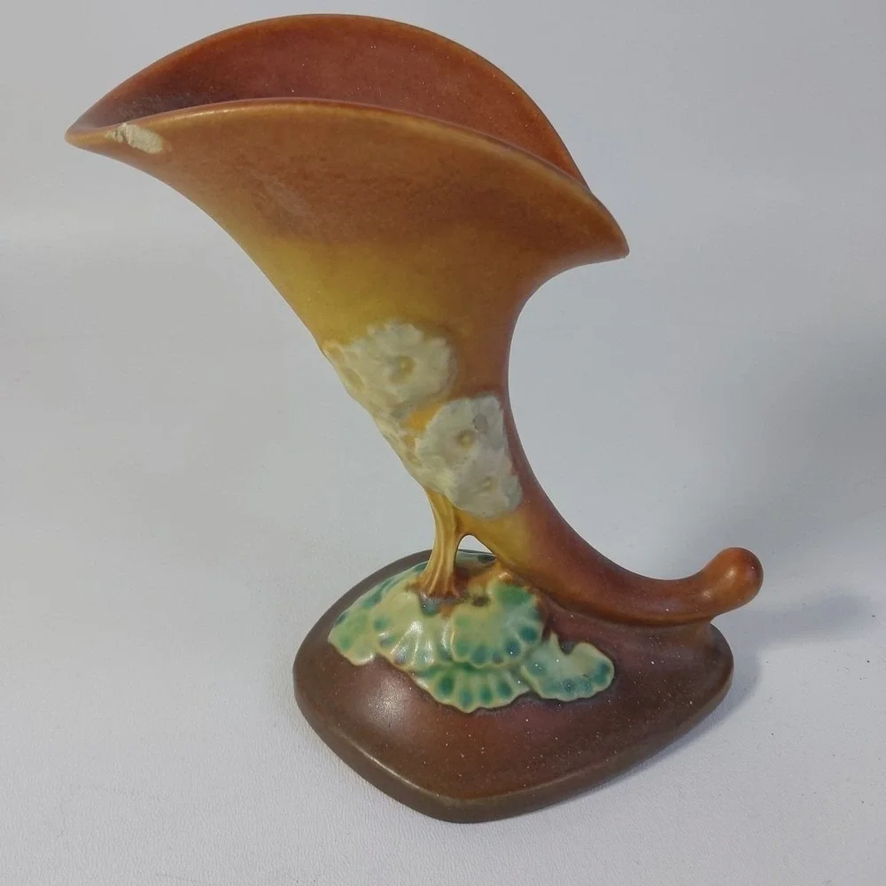 Roseville Pottery Apple Blossom 125‎ Cornucopia Vase Orange Green